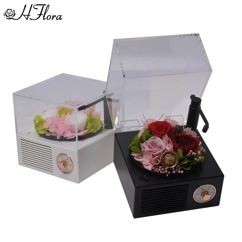 High Quality Luxury Customized Preserved Flower Bluetooth Phonograph Music Box Real Flowers Bouquet Combination With Phonograph
