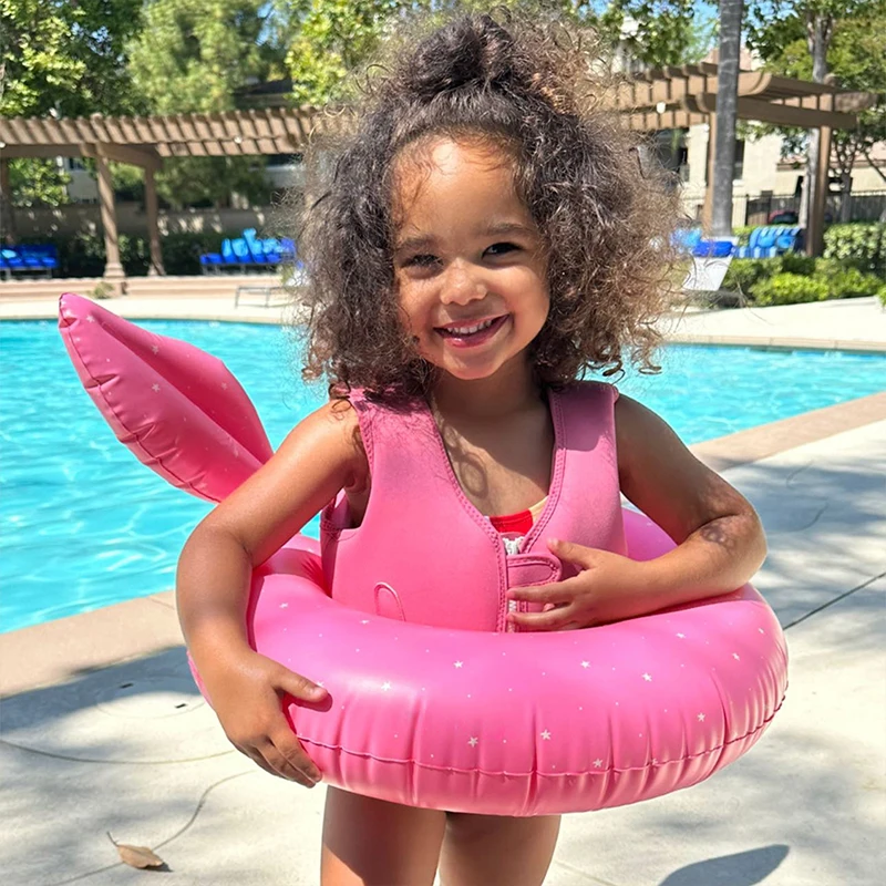 heavy duty PVC cute inflatable kiddy pool split swimming ring float durable pink vinyl children water swim tube
