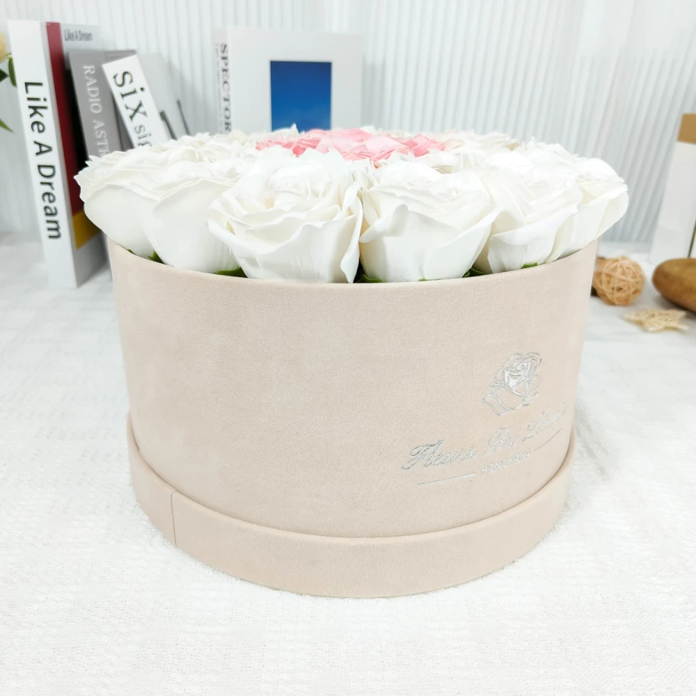 Color Nude Suede Boxes, Cylinder Velvet Round Rose Box For Flowers Bouquet Arrangement