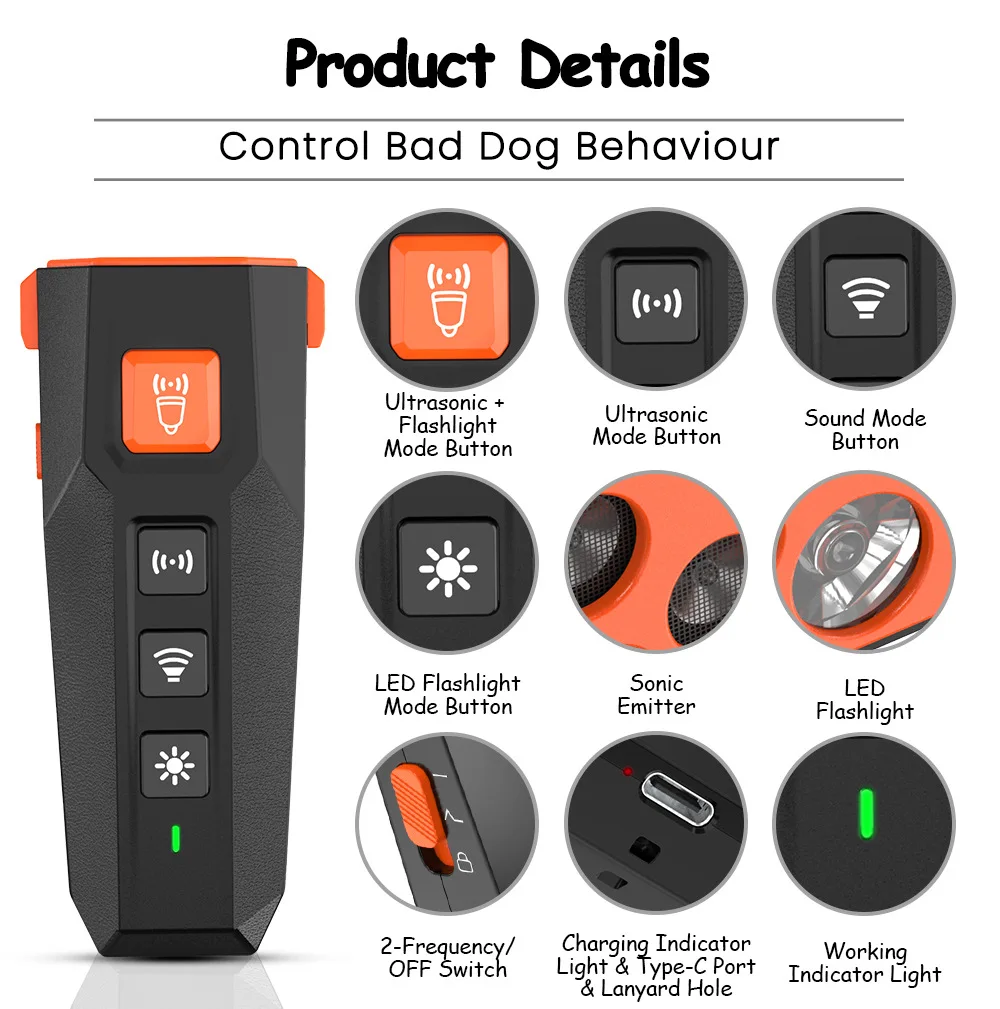 Multi Sensor Dog Anti Barking Device Ultrasonic Handheld Dog Training Tool With LED Flashlight
