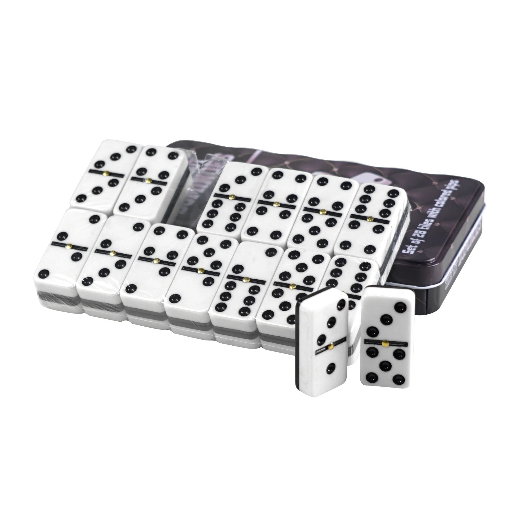 Black and White Two-layered Acrylic Domino Set with Black Dots and Metal Spinner Iron Case Packaging 28pcs Dominoes Block