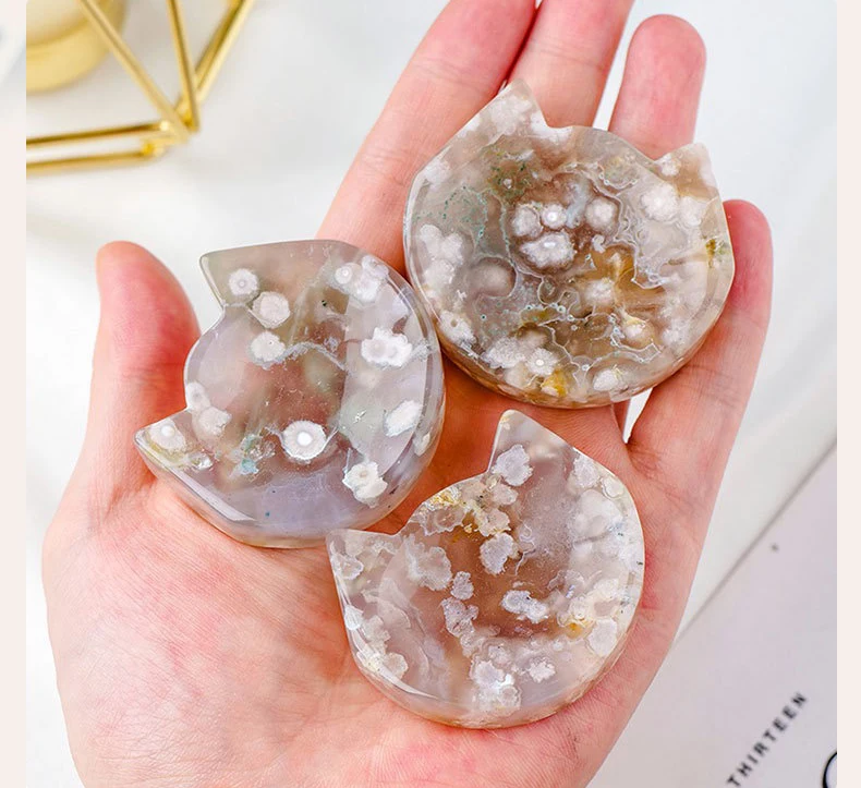 Natural crystal cherry blossom agate cat shape bowl polished gemstone round crystal bowl