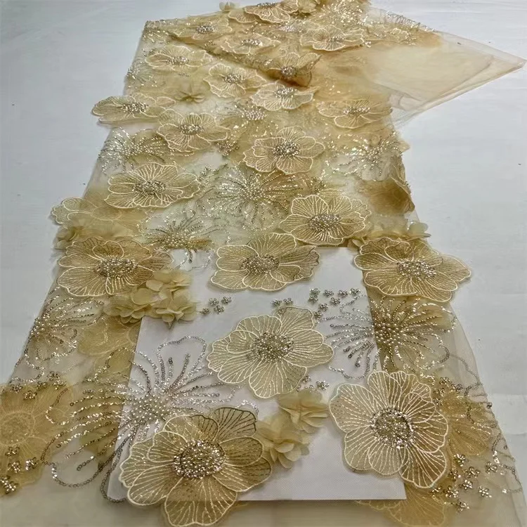 New fancy 3d flower wedding tulle high quality net beaded sequin lace fabric for women