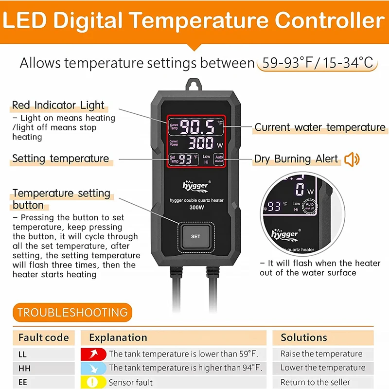 Hygger Fish Tank Temperature Controller Quartz Aquarium Heater with Digital LED Controller, Intelligent Aquarium Heater