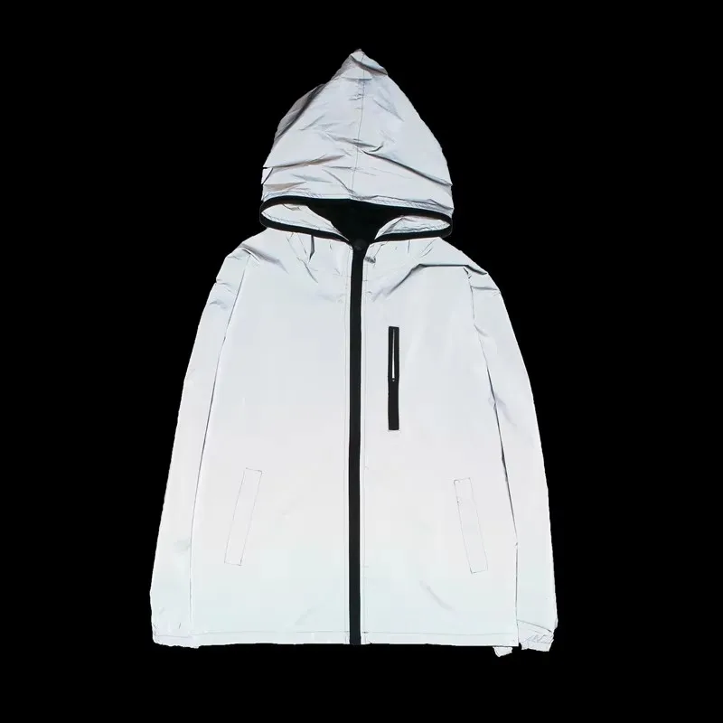 Outdoor Sport Night Running Cycling Thin Plain Windproof Half Black Gray Splicing Reflective Shiny Glowing Zipper Hoodie Jacket