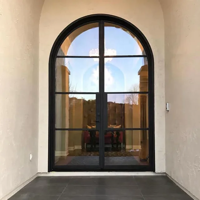 French Style Wrought Iron Doors Metal Steel Glass UL Certified Lock Finished Surface Exterior Home Use Arch Glass Windows Design