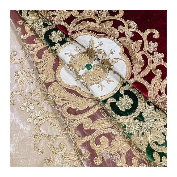 Luxury Handmade Beads Wear Applique Fabric Heavy Woven Home Decorative Velvet Embroidery Fabric