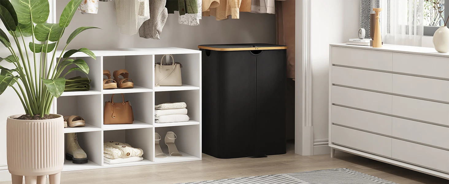 150L Double Laundry Hamper with Lid,Large Laundry Basket with Bamboo Handle and Removable Laundry Bag