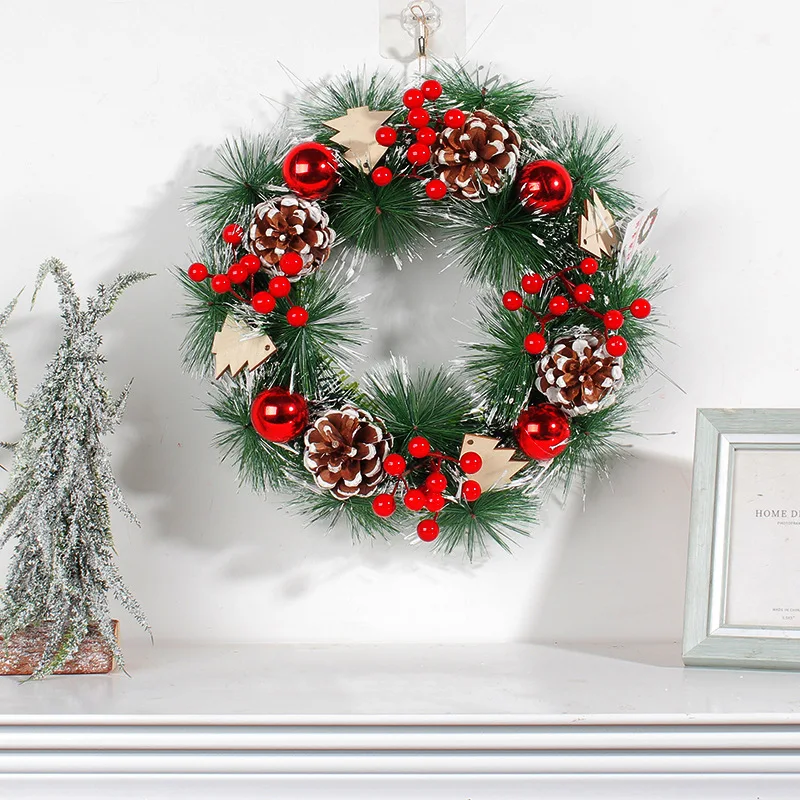 Holiday Christmas needle withered branches rattan wreath decorative Xmas wreath 30cm red berries pinecone Christmas wreath decor