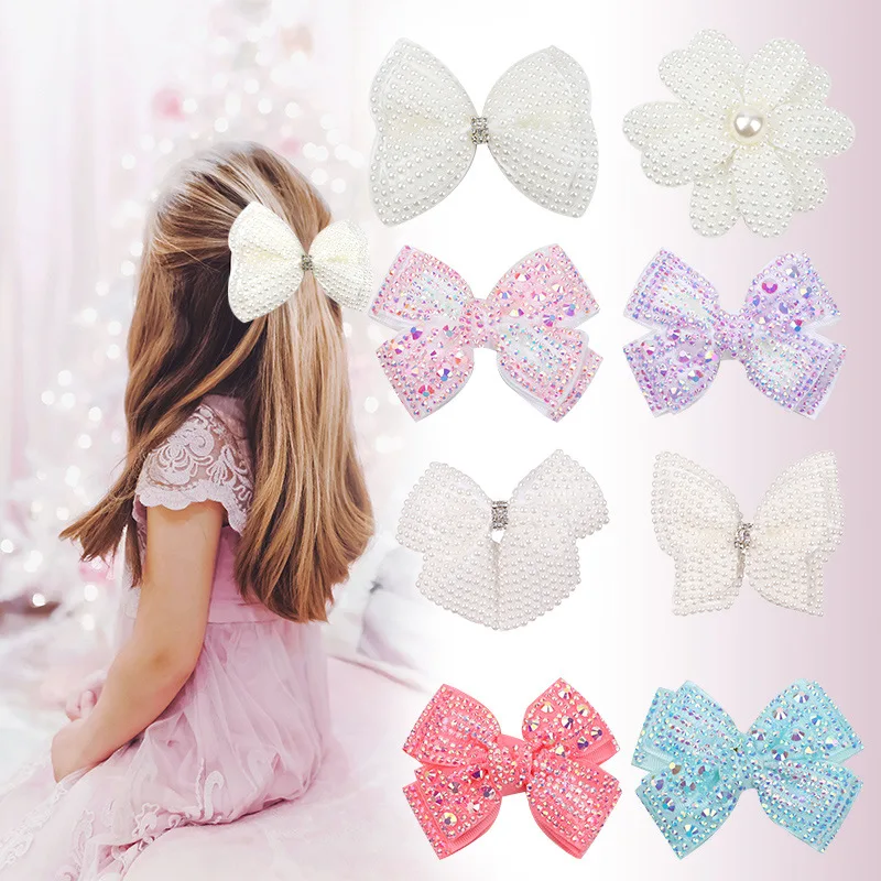 3.5inch White Rhinestone Hair Bows Cute Pearls Hair Bow with Alligator Hair Clips Beads Hairgrip for Girls