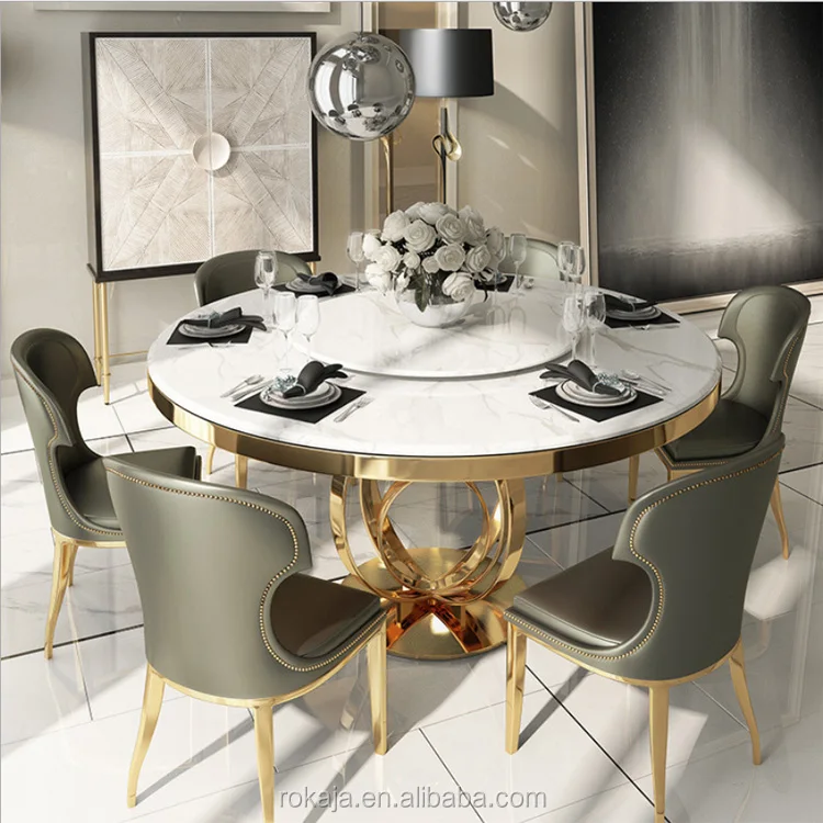 Modern Luxury Rotating Dinning Table Set Marble Gold Frame Stainless Steel Leg Malaysia Dining Tables