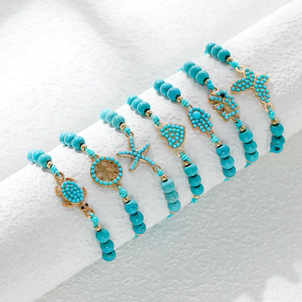 Fashionable Popular Handmade Woven Street Beach Tortoise Anchor Heart Life Tree Blue Turquoise Bracelet
