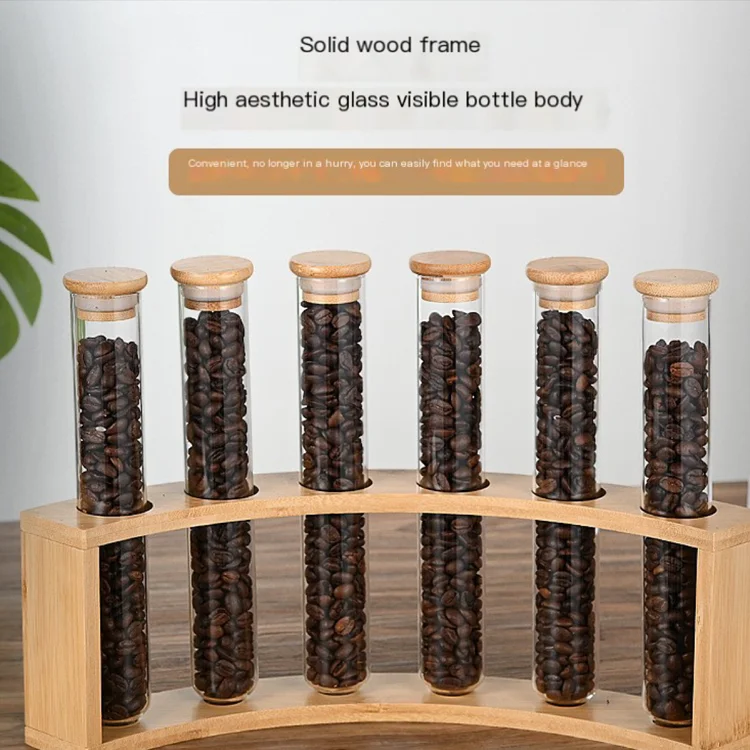 2023 New High  borosilicate round bottom glass tube for coffee beans spice display with airtight bamboo lid and wood holder