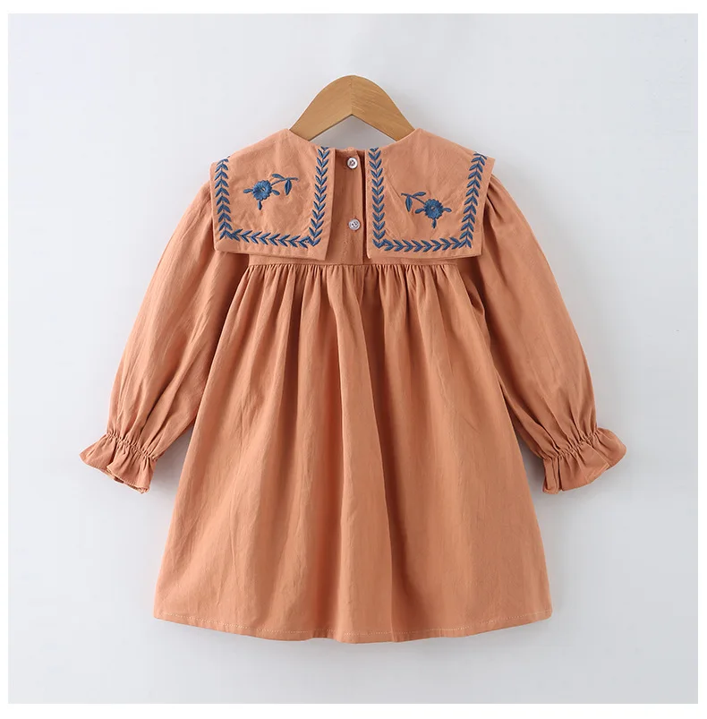 New Korean style kids party long-sleeve dress toddler baby girl Vintage 100% cotton Square Collar embroidered custom dress