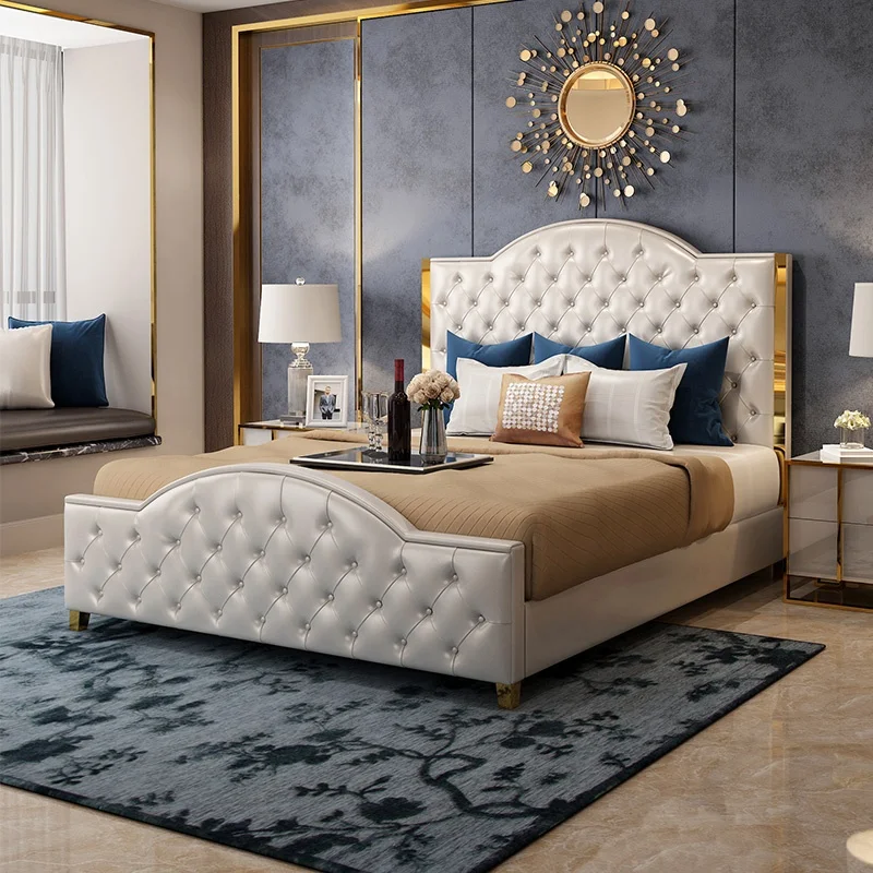 The latest bedroom furniture design modern simple style stainless steel solid wood frame leather bed