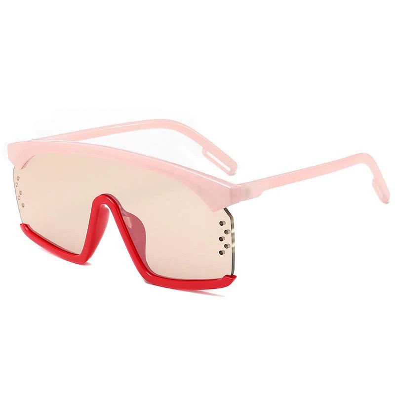 New Style One Piece Sunglasses Fashion Trend Big Frame Windproof Red Tint Flat Top Ladies White Round Sunglasses