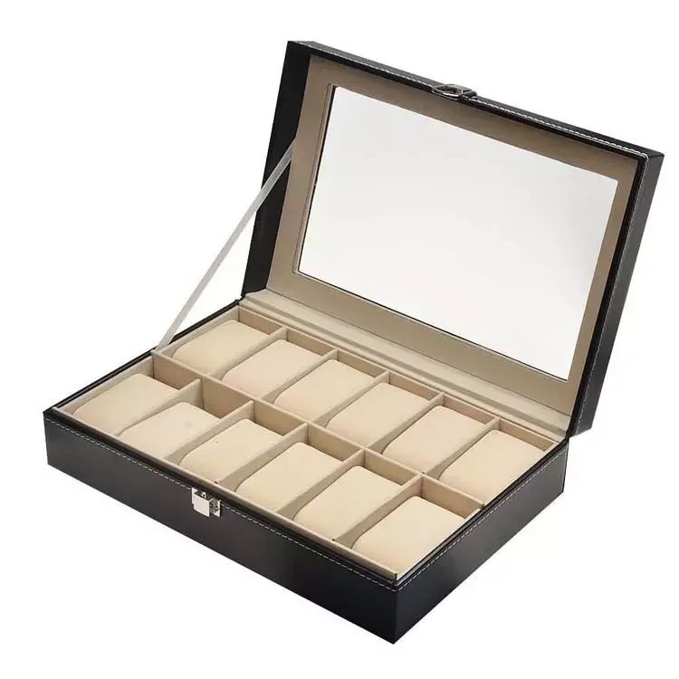 Customized Logo 12 slots glass window Genuine Jewelry box Leather Gift Box Watches Luxury Display Packing Travel Box