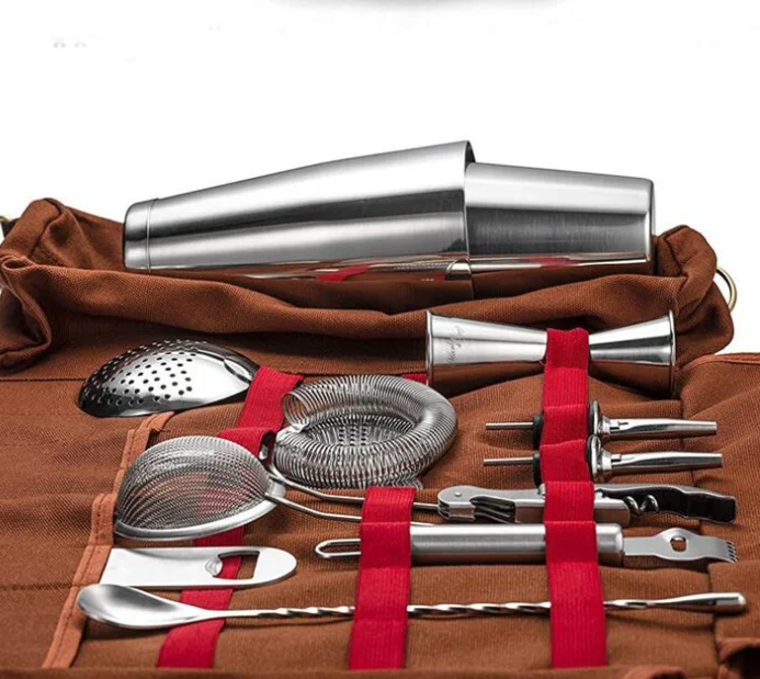 Heavy duty bartender kit stainless steel tool set rolling tote storage bar tools shaker for bartender kit pouch