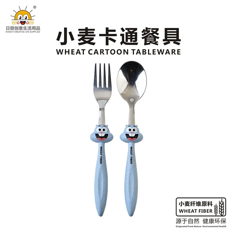 Wheat Straw Fiber Kids Dinnerware Set Stainless Steel Cutlery with Chopsticks Spoon Fork for Travel Disposable Weddings Gifts