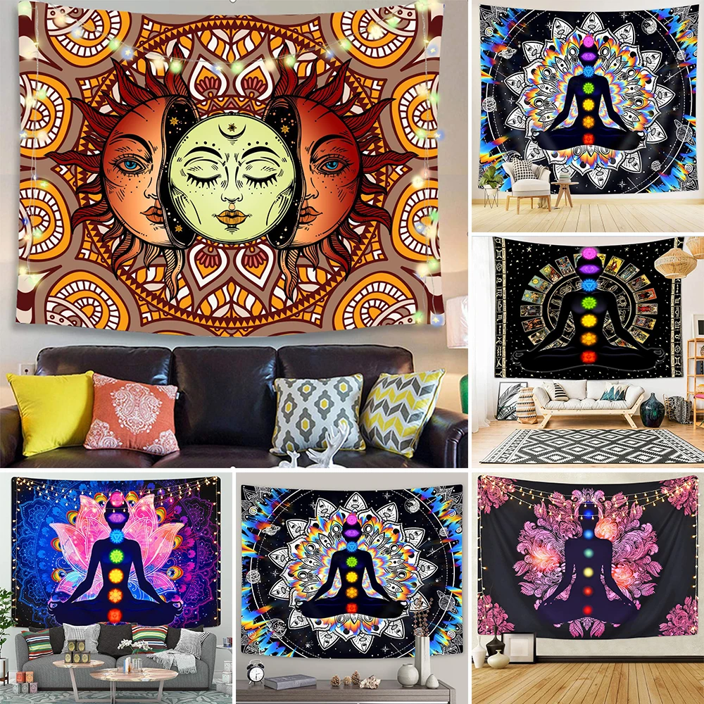 Indian Buddha Statue Meditation Multicolour Seven Chakra Psychedelic  Wall Hanging Mandala Tapestries