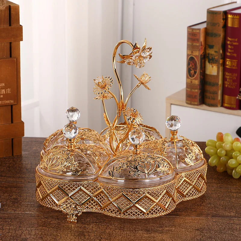 Home Decorative Golden Plated Metal Serving Candy Dry Fruit Deco Storage Tray With 5 acrylic Bowl and lid