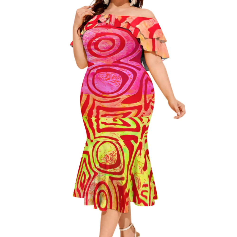 New Arrivals Casual Polynesian Elei Tribal Design Custom Water Drop Collar Double-Layer Flounced Fishtail Skirt Dress