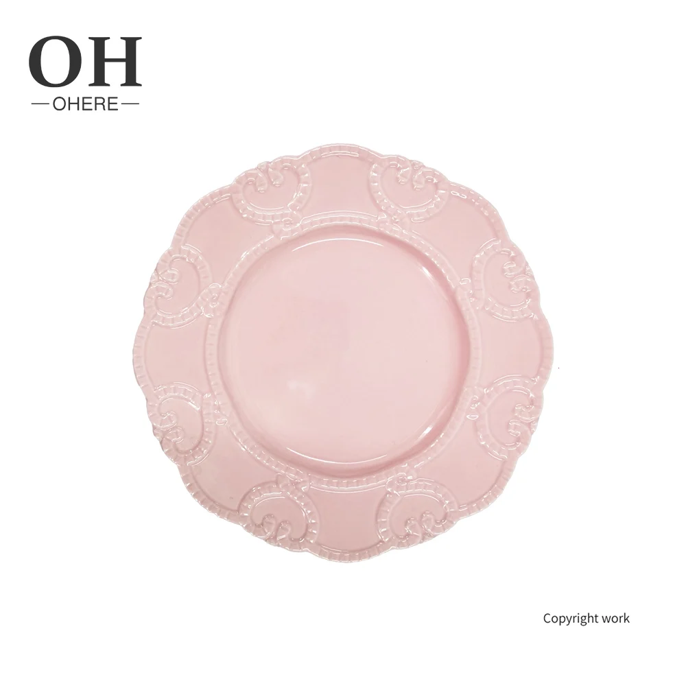 Ohere wholesale restaurant charger embossed porcelain dinner plate vintage ceramic dinnerware sets bulk pink wedding flatware