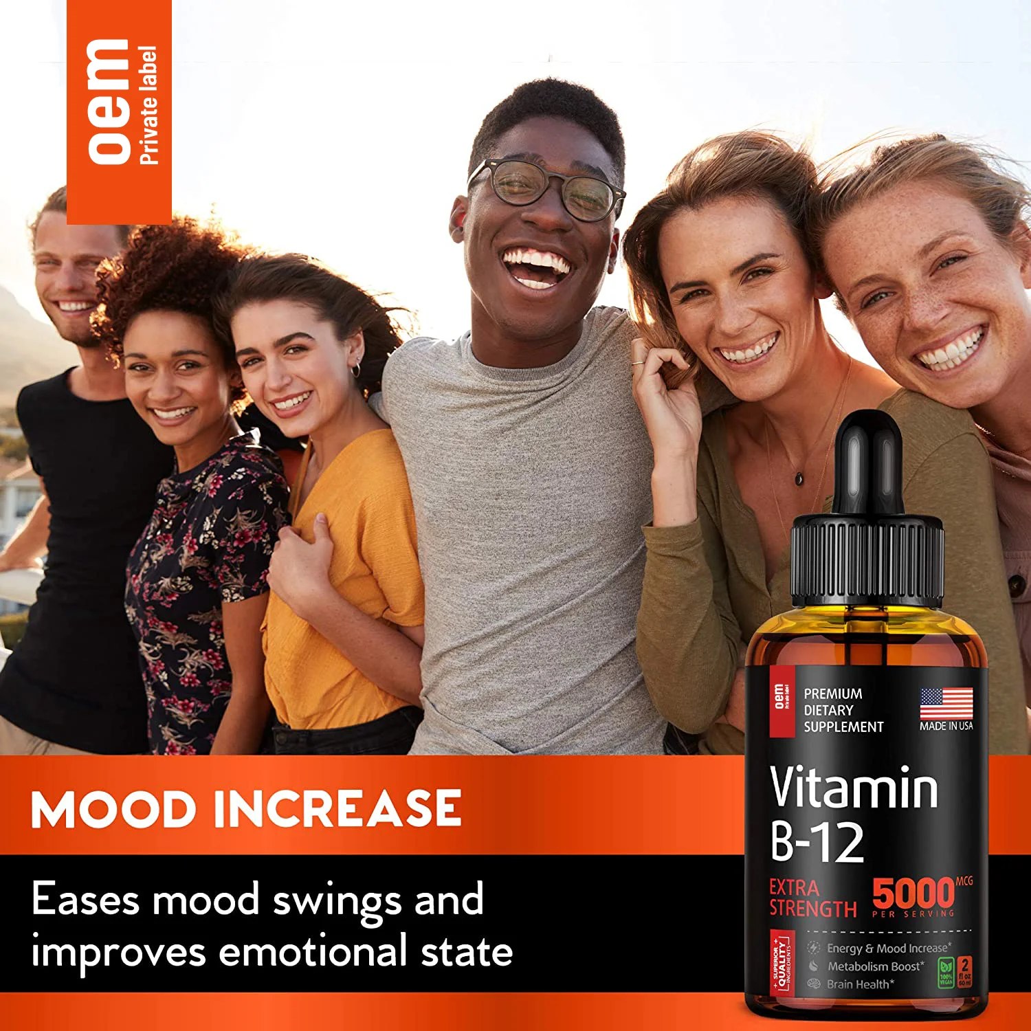 OEM Vitamin B12 Liquid Drops Sublingual 5000mcg Methyl & Methylcobalamin Supplements for Women and Men, Mood & Energy Booster