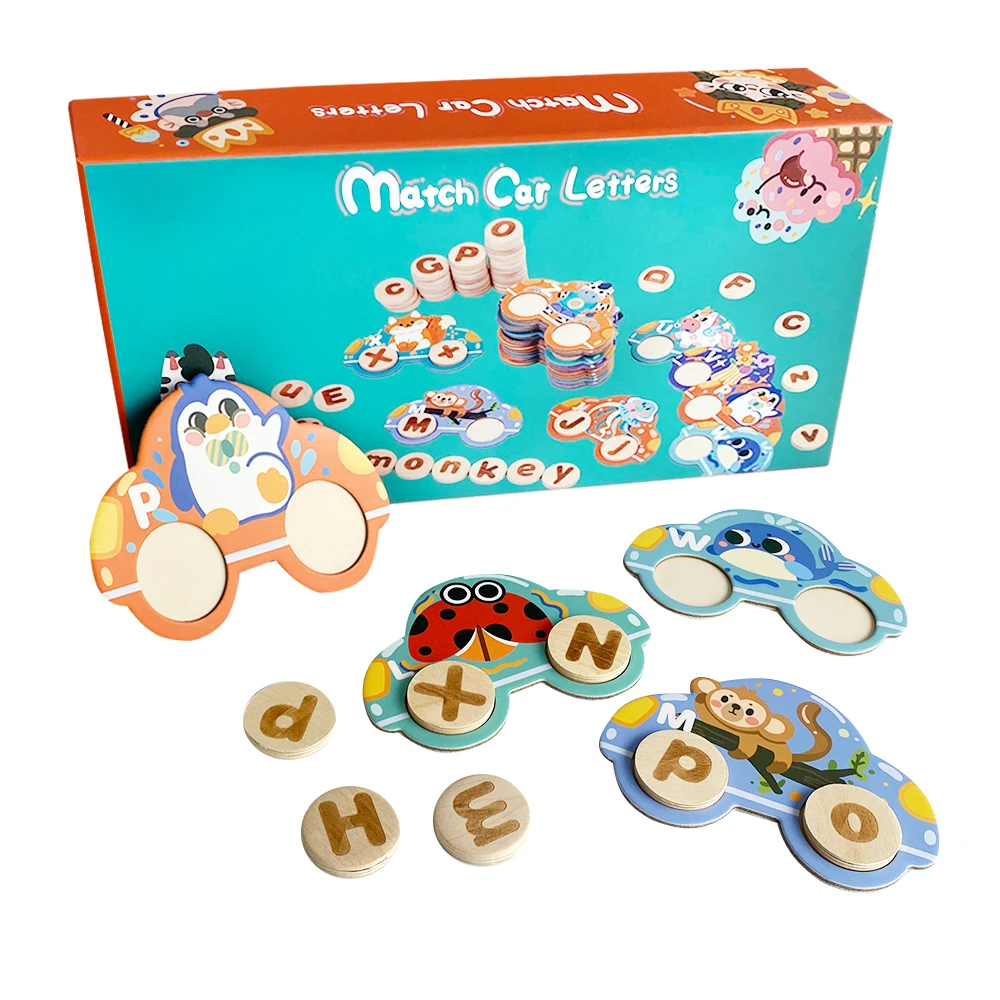 Children educational toys for kids learning wood match car letters magnetic jigsaw puzzle game