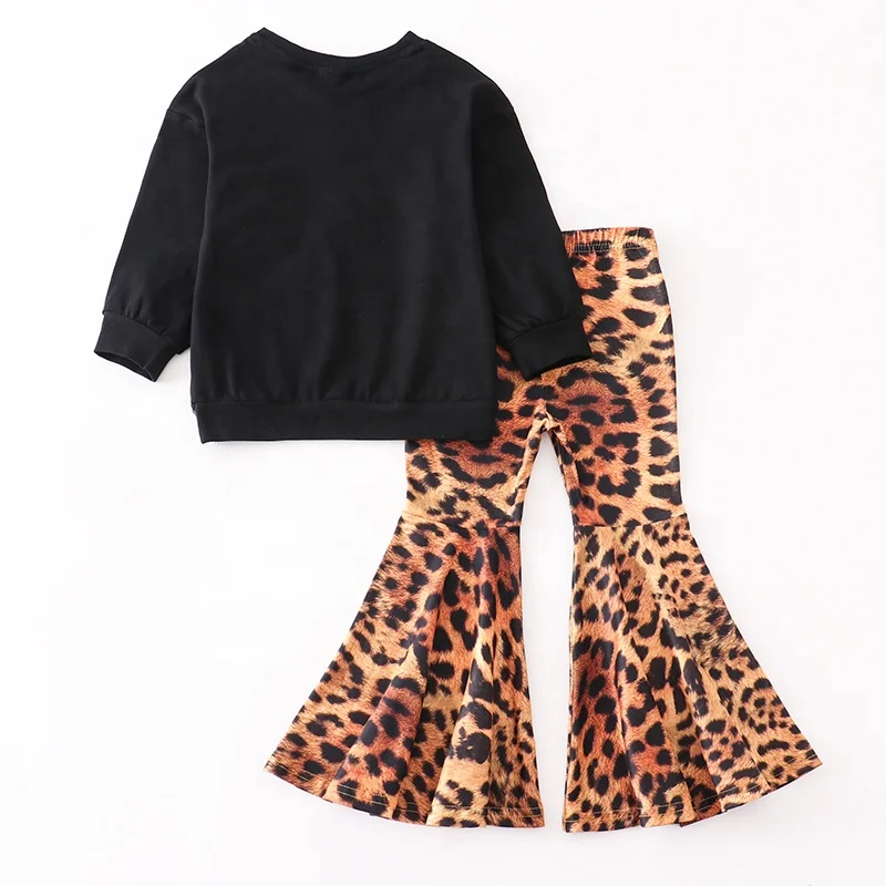 Girlymax 2022 Fall Wild Cheetah Long ruffle sleeve bell-bottomed pants boutique girls outfit