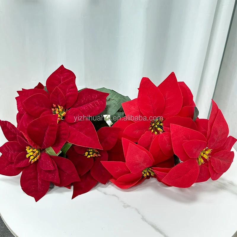 wholesale hot sell faux Christmas flowers high quality 7 heads silk poinsettia flower artificial flower bouquet Xmas decoration