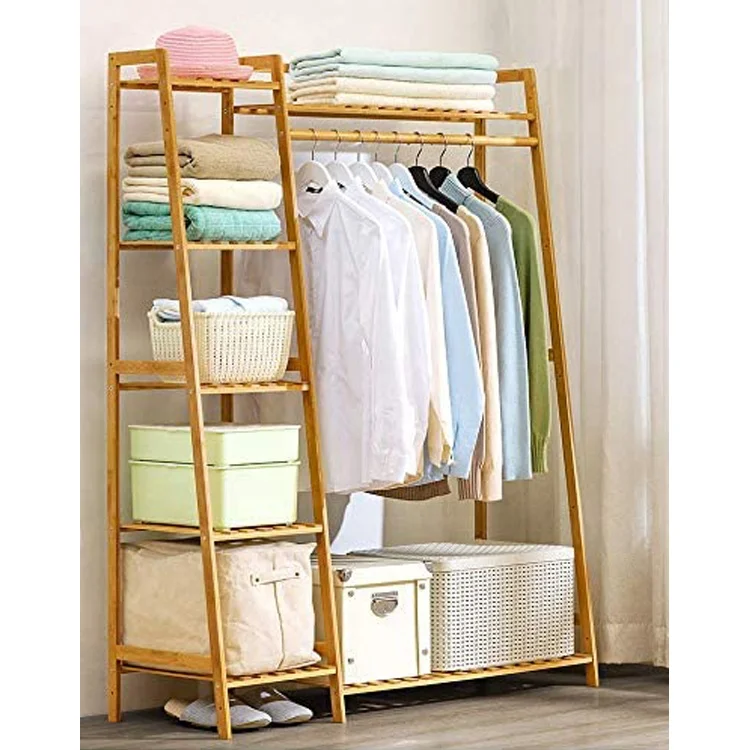 Modern 7 Tier Storage Rack Bamboo Wooden Clothes Rail Stand
