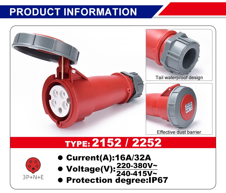 New Type Outdoor Industrial Electric Connector Waterproof IP4432a 5 Phase Male Female Plug Socket 380V-415 Rated 32A