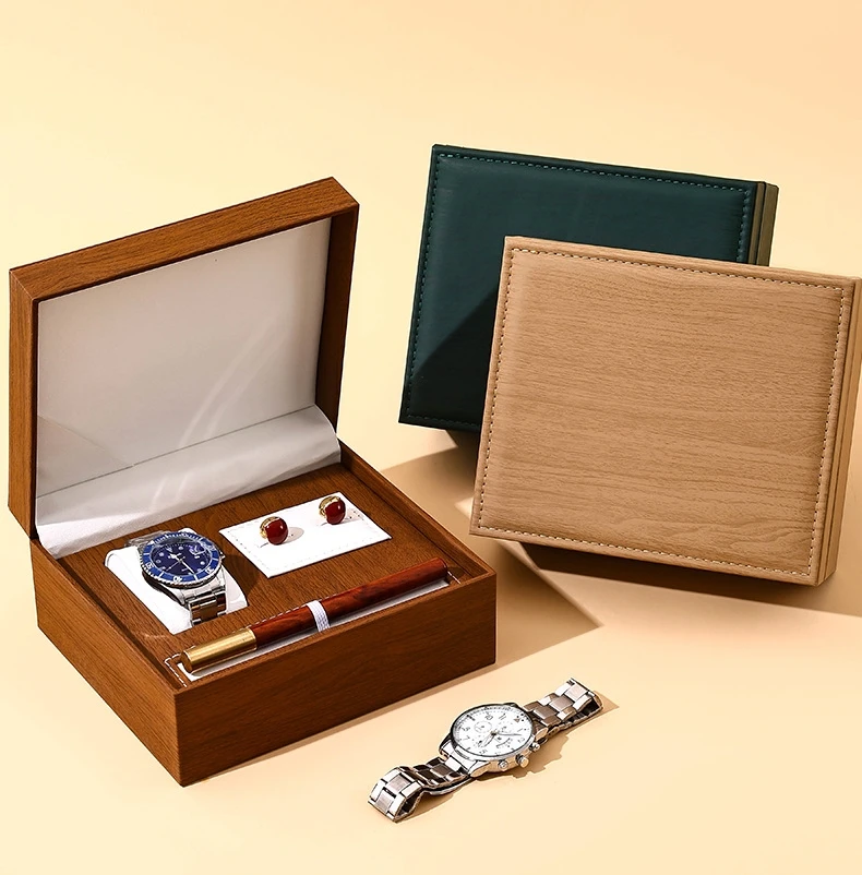 New Custom Logo Luxurious Man Business Watch Pen Earring Organizer Black Leather Handmade Watch Packaging Gift Box