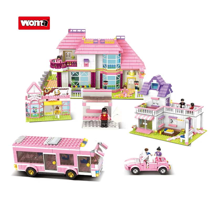Woma Toys J5760 Pink Stree View Big Villa House Brick Building Blocks Kids Girls