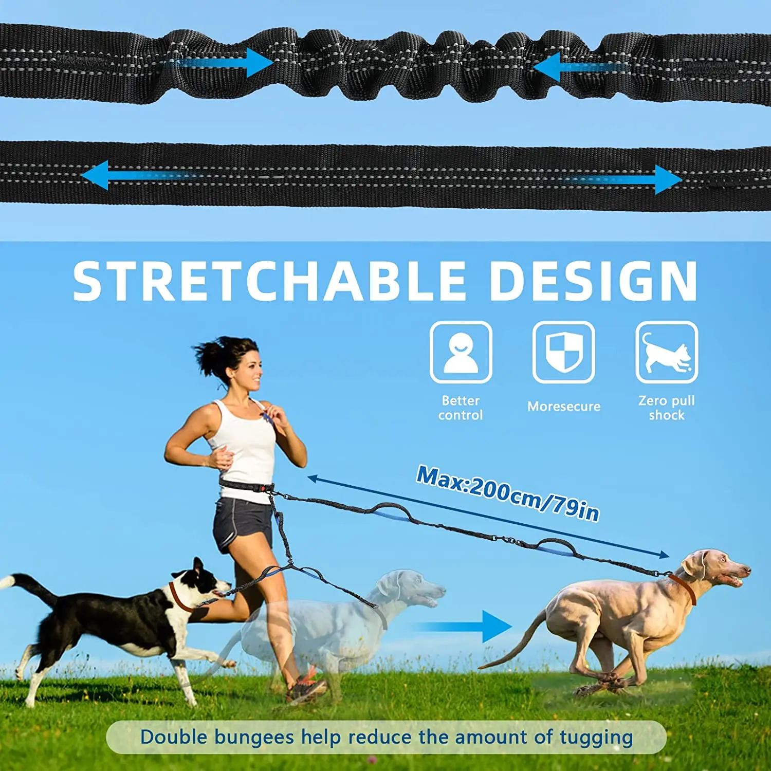 NIBAO Double Dog Leash Large Dogs Hands Free | 2 Dog Leash No Tangle | Waist Leash for Walking Two Dogs