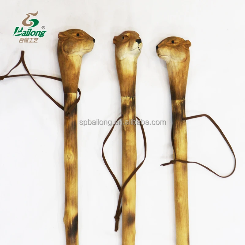 Rustic wood cane outdoor camping trekking carved animal hiking pole natural wooden walking stick