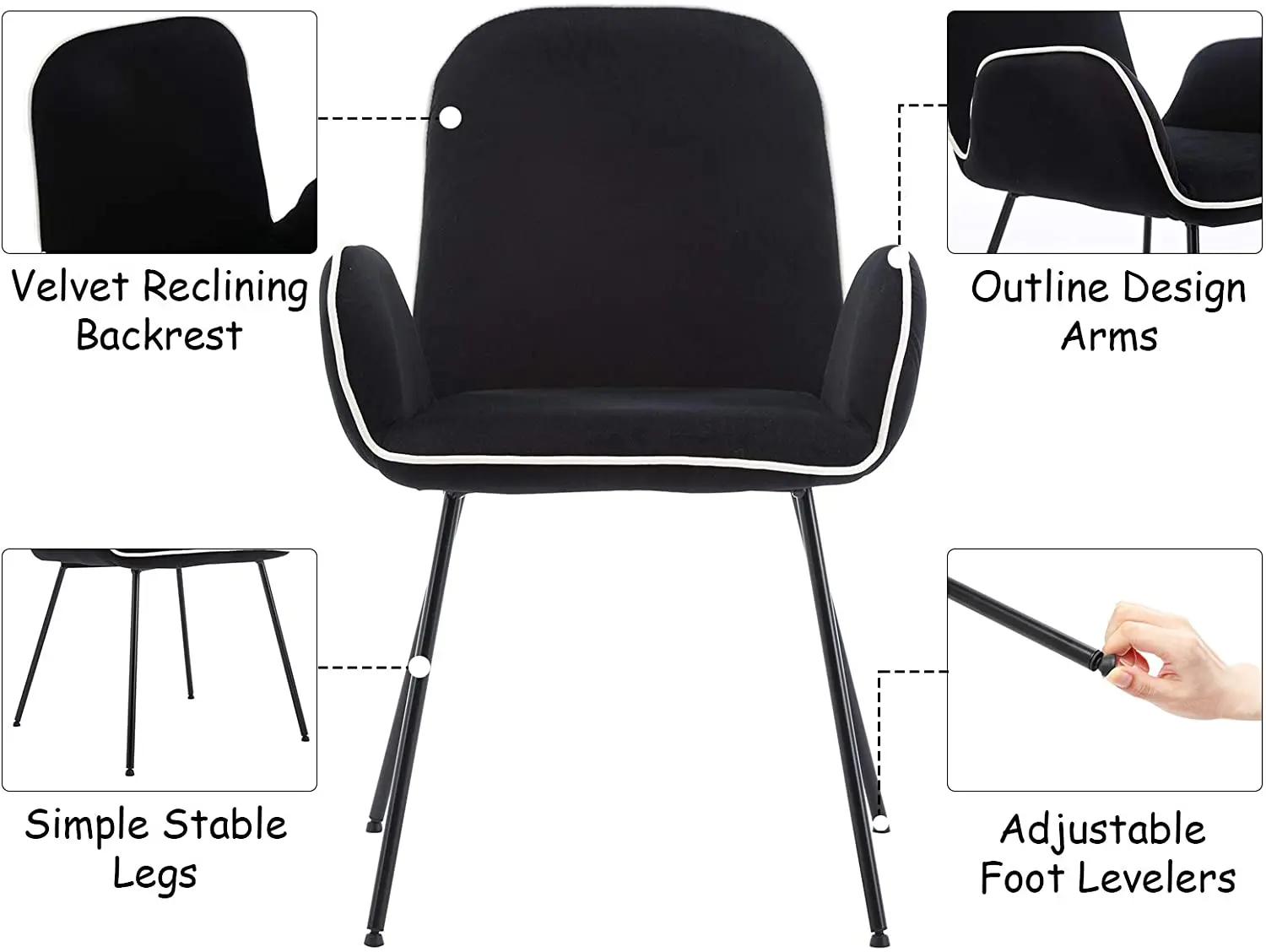 
Amazon Best Seller Upholstered Black Velvet Reading Chair Iron Frame Comfy Dining Chair 