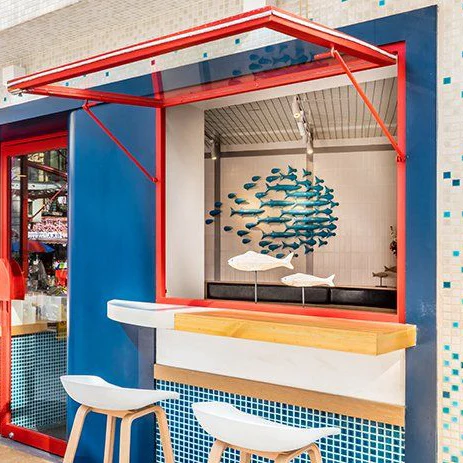 Kitchen servery awning window with gas strut