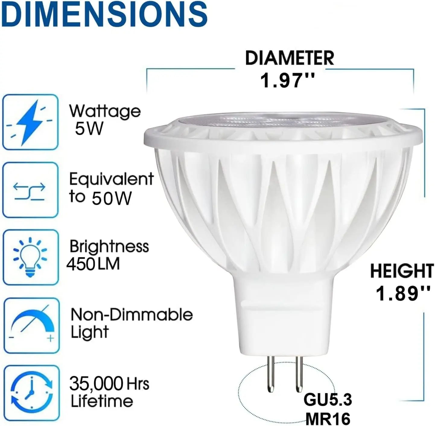 Stock AC12V DC12V  MR16 LED Spot Light Bulb 5W 4000K Non-dimmable MR16 Recessed Down Spotlight