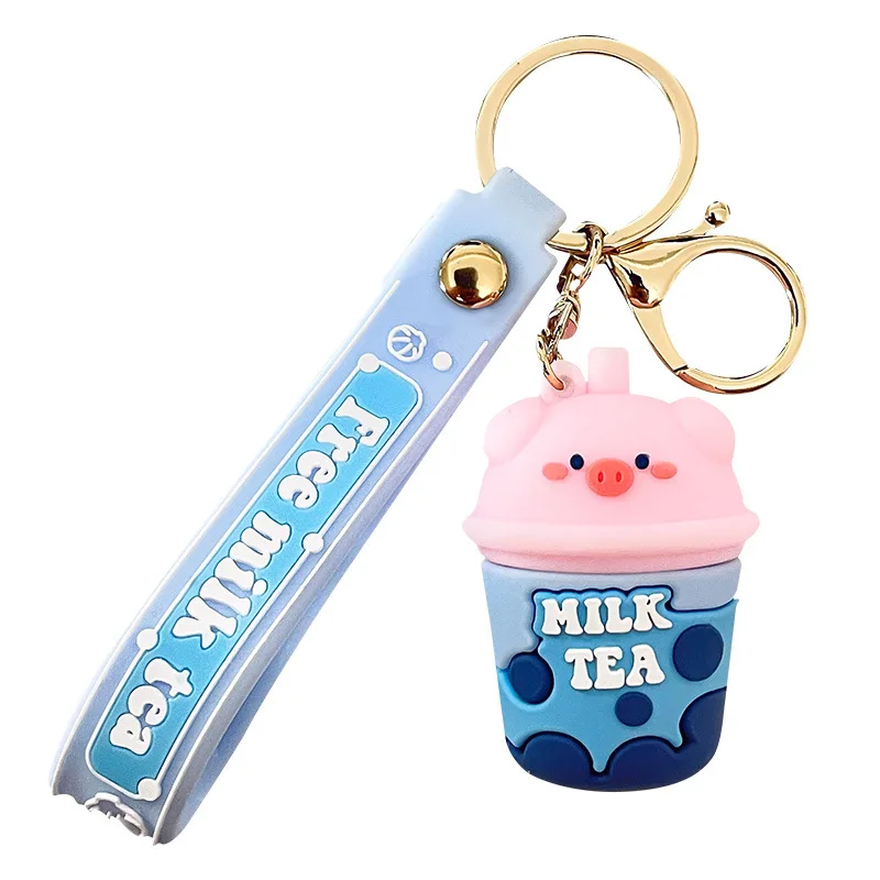 Baimao High-quality wholesale cartoon creative pearl milk tea pig key chain Boba milk tea key chain Kawaii cartoon pig key ring