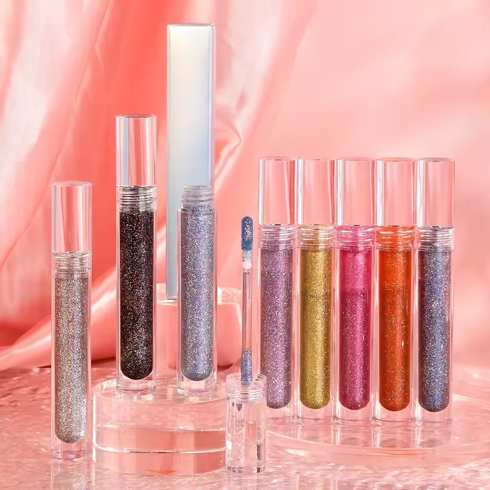 Holographic Lipgloss Waterproof Longlasting Private Label Custom Clear Gold Pink Lip Gloss Wholesale Bulk Glitter Lipgloss