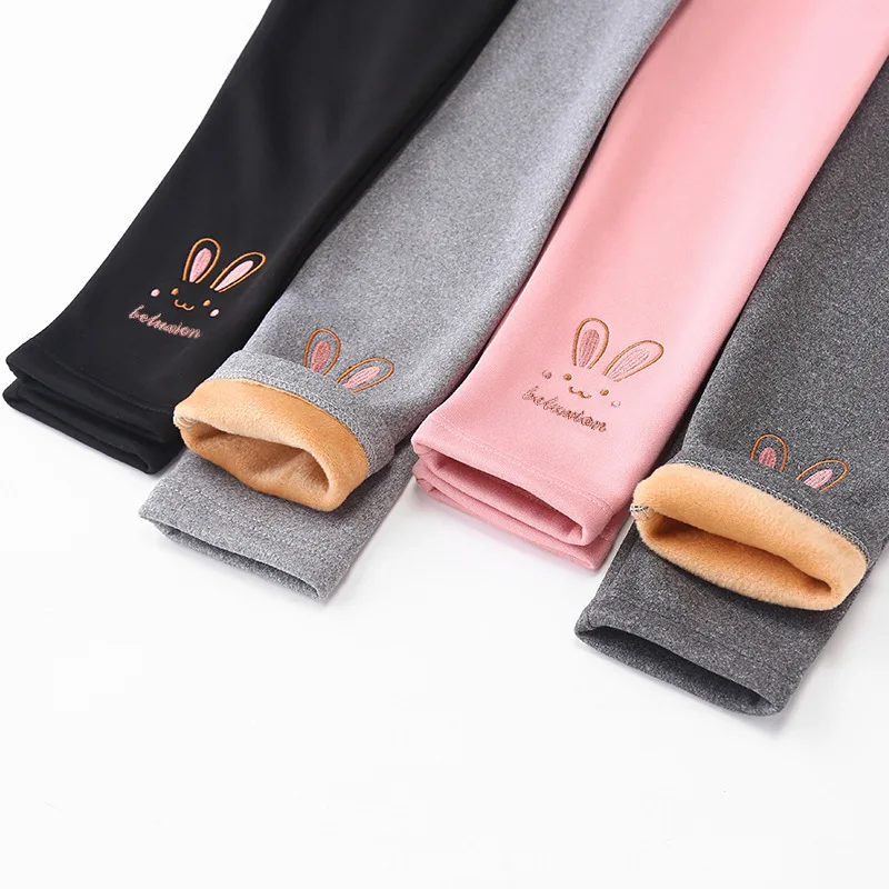 2023 Winter Kids Velvet Leggings Simple Rabbit Embroidered Girls Thick Style Warm Pants Stock