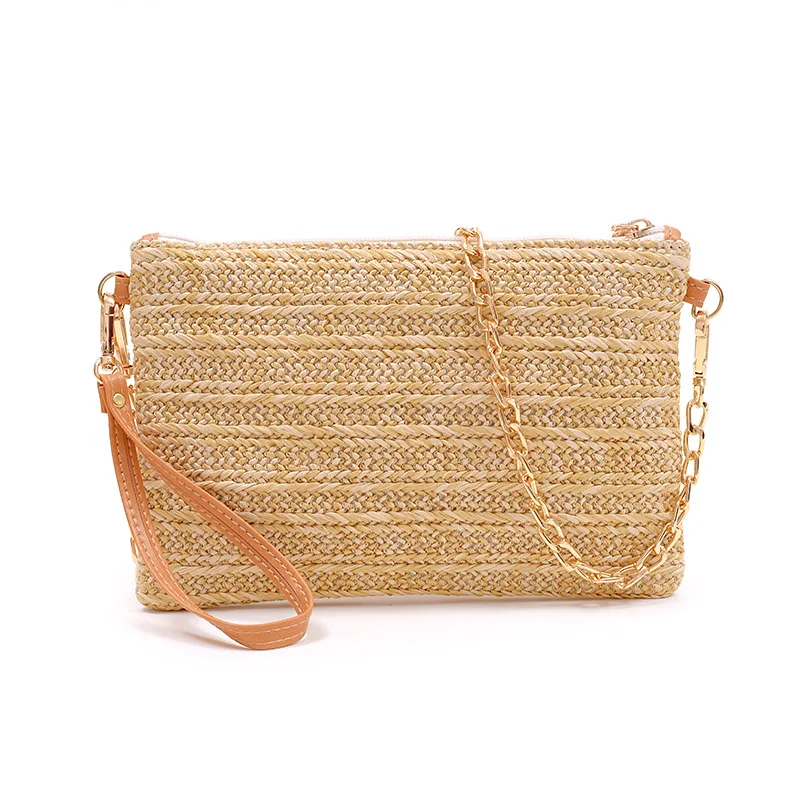 Chic Eco Friendly Handwoven Straw Crossbody Handbag Girl Summer Beach Gold Chain Square Zipper Clutch Bag Women Vacation Purse