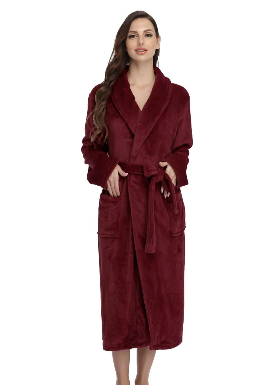 Aoyema Custom Luxury flannel fleece Shawl Collar bathrobes women Robe Sleepwear with Pockets and Waistband