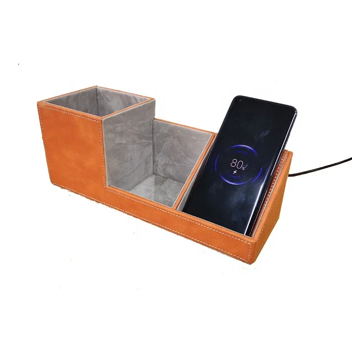 
10W Wireless charging station and power station for smart phone PU Leather Desk Storage box 