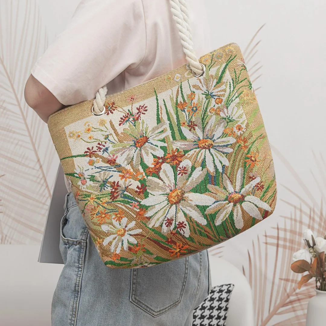 New retro durable daisy handbag double-sided embroidered thick rope handle comfortable tote bag