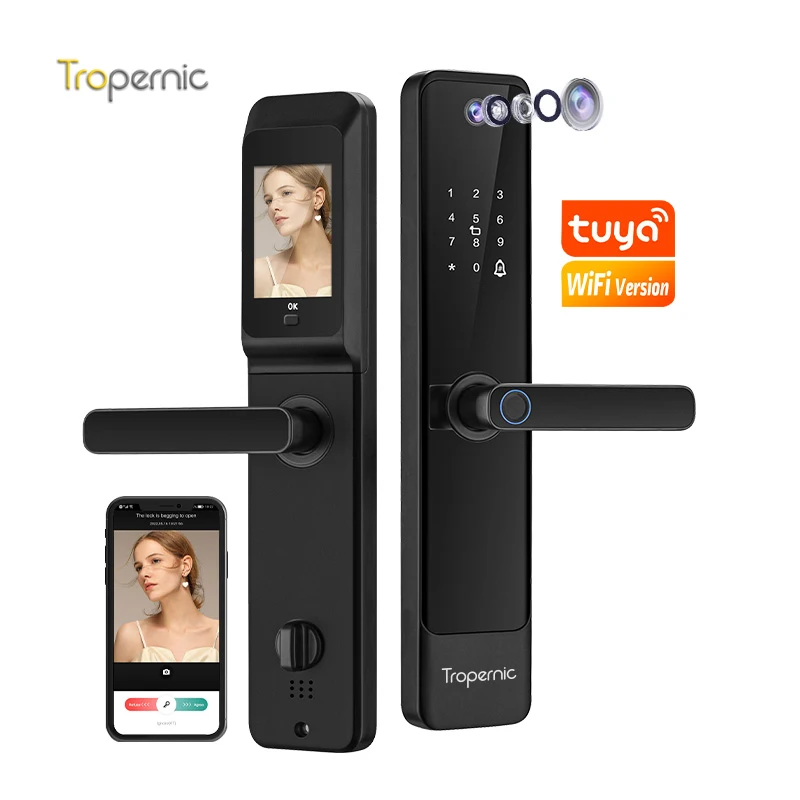 Waterproof Tuya Outdoor Code Fingerprint Wifi Smart Electronic Door Handle Lock With Video Door Phone Camera Compatible