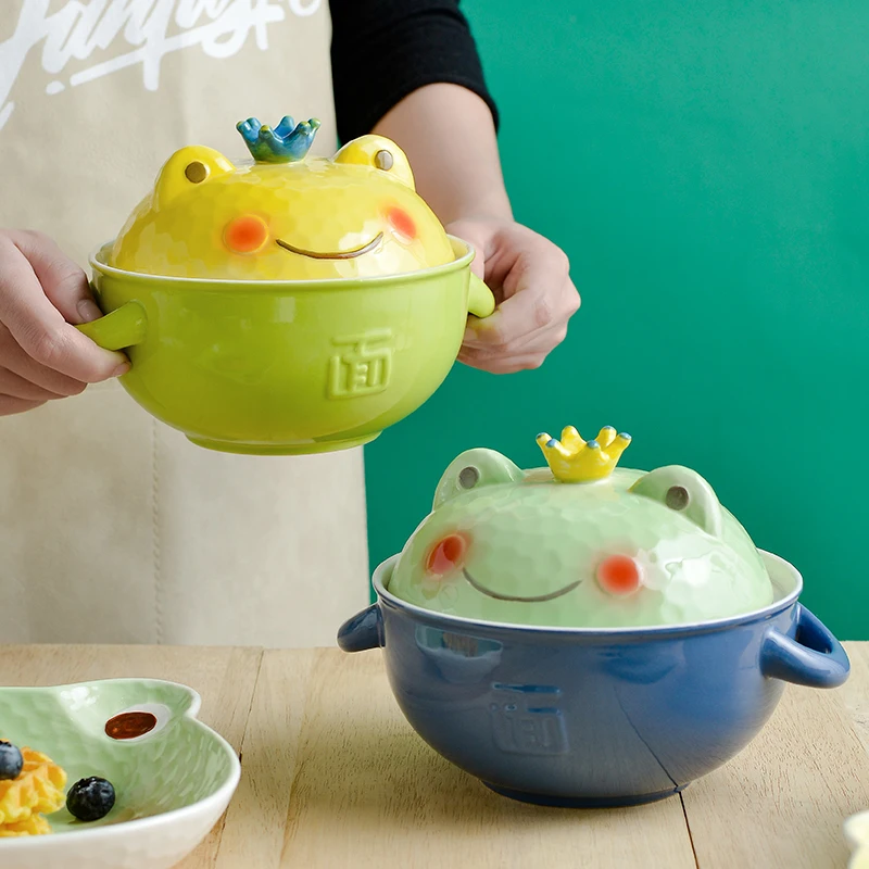 Creative Porcelain Frog Prince Ramen Noodle Bowl Soup Bowls With Cover And Handle Gift Set