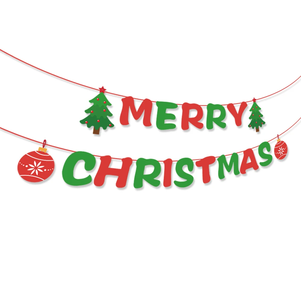 Huancai Merry Christmas Banner Green Tree Red Ball Garland Paper Bunting Hanging Decorations for Winter Xmas Home Party Supplies